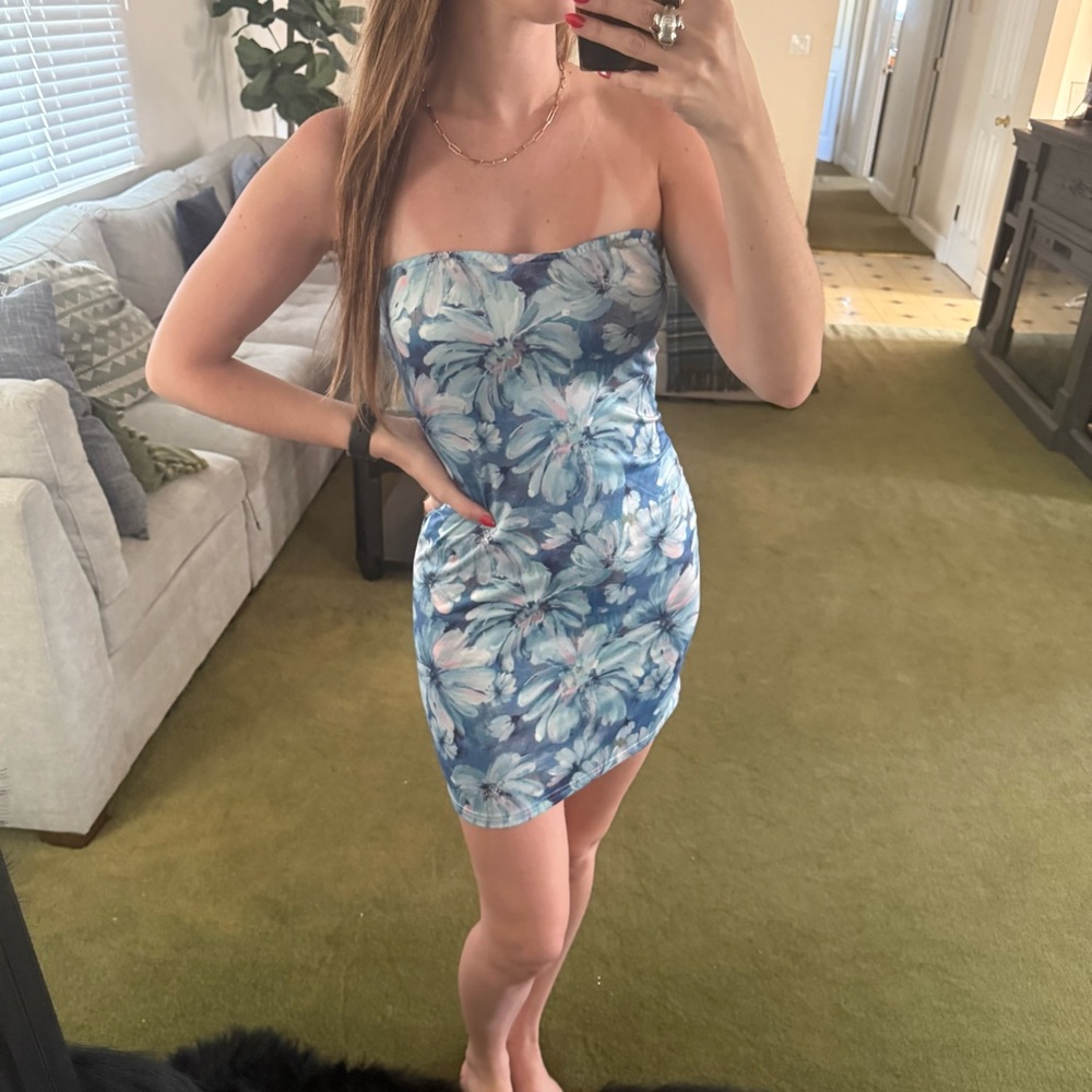 Floral Strapless Blue Bodycon Mini Dress - Picture 4 of 8